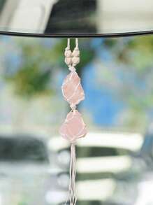 1pc Crystal Car Rearview Mirror Hanging Decoration Pendant, Double/Single Stone - Dusty Pink - View 2