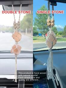 1pc Crystal Car Rearview Mirror Hanging Decoration Pendant, Double/Single Stone - Dusty Pink - View 4