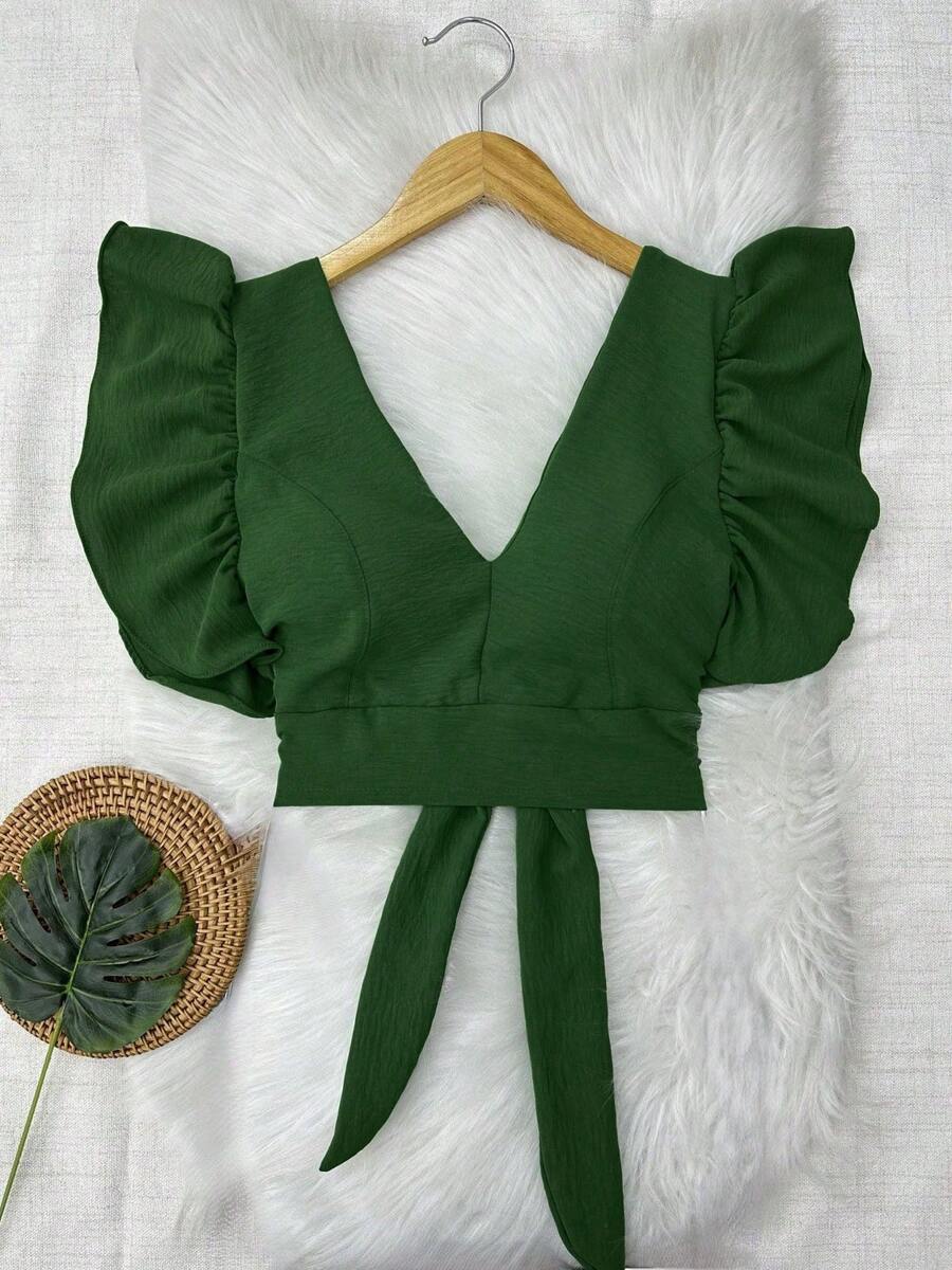 Cropped Blouse With Padding And Tied At The Back, Women's Fashion - Army Green - View 1