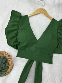 Cropped Blouse With Padding And Tied At The Back, Women's Fashion - Army Green - View 3