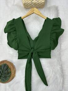 Cropped Blouse With Padding And Tied At The Back, Women's Fashion - Army Green - View 2