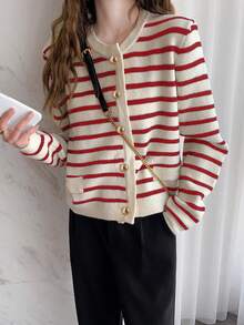 Alicedudu Women Classic Stripe Casual Cardigan, Autumn & Winter - Red - View 3