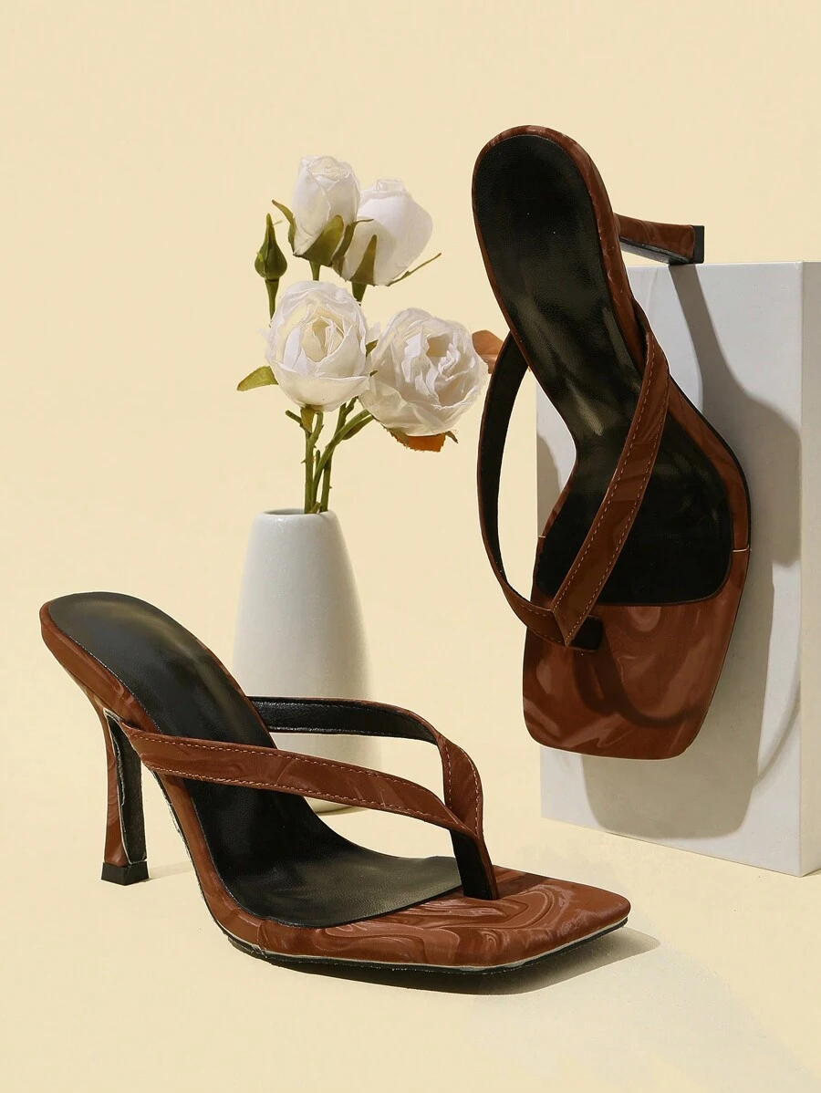 经典简约条纹人字拖高跟凉鞋，适合女士春夏穿搭 - 棕色 - 查看 1