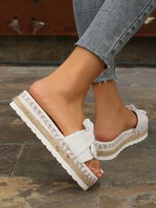 Bowknot Strap Beach Slippers, Women's Fashion Wedge Thick-Sole Sandals Round Toe Rope Bottom Thick-Sole Slide Sandals Suede Solid Color Plus Size Slide Sandals, Versatile For Commuting, Comfortable And Non-Slip - Beige - View 7