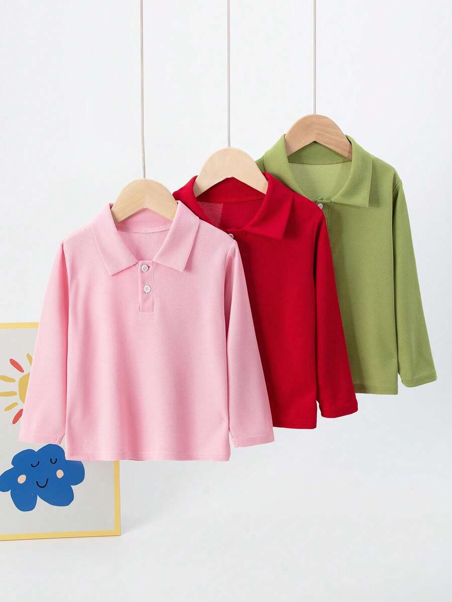 3pcs Young Girls' Long Sleeve Polo Shirt And Casual Long Sleeve T-Shirts Set, Spring Autumn - Multicolor - View 1