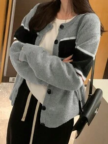 Women's Casual Striped Round Neck Long Sleeve Single-Breasted Cardigan, Autumn/Winter