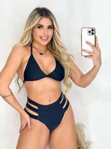 Bikini Set With 3 Straps, High Waist, Double Lining - Black - View 1