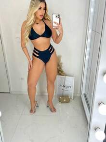 Bikini Set With 3 Straps, High Waist, Double Lining - Black - View 3