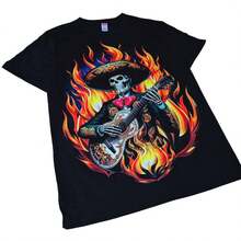 Camiseta Unisex Adulto Cráneo mariachi en llamas. Resplandeciente con la luz Neón o negra para  festejo de día de los muertos y halloween. Serigrafia neón. - Negro - Ver 5