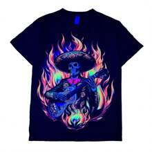 Camiseta Unisex Adulto Cráneo mariachi en llamas. Resplandeciente con la luz Neón o negra para  festejo de día de los muertos y halloween. Serigrafia neón. - Negro - Ver 2