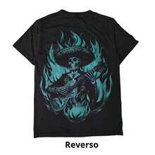 Camiseta Unisex Adulto Cráneo mariachi en llamas. Resplandeciente con la luz Neón o negra para  festejo de día de los muertos y halloween. Serigrafia neón. - Negro - Ver 3