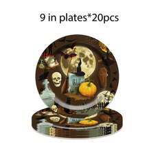 60 件/套主题一次性餐具套装，包括带有骷髅和月亮图案的纸盘、甜点盘、纸杯、饮料/咖啡杯出售 - 彩色 - 查看 8