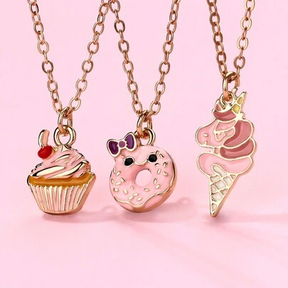 3 件/套女孩蛋糕、冰淇淋形状锌合金吊坠项链，适合日常佩戴