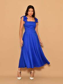 Duna Linen Plain Luxury Midi Dress With Bow On The Shoulder - Royal Blue - View 1