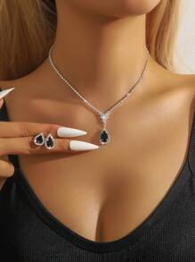 3pcs/set Cubic Zirconia Water-drop Decor Jewelry Set For Women For Party Banquet Wedding - Dusty Blue - View 6