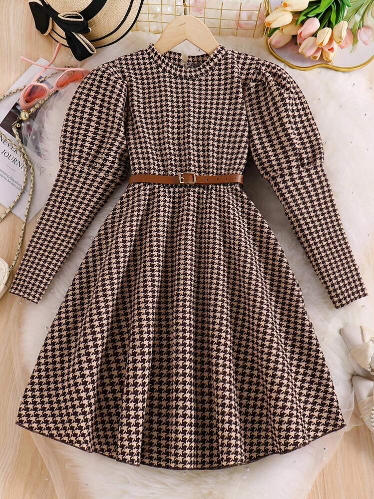 Tween Girl Plaid Pattern Round Neck Midi A-Line Dress (Belt Not Included) - Coffee - View 2