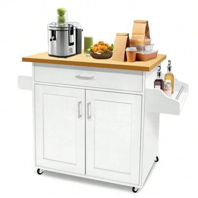  Froadp White Kitchen Trolley With Wheels And Worktop - Wooden Serving Cart With Towel Rack And Spice Board - Mobile Kitchen Cabinets - 115 X 90 X 36 Cm