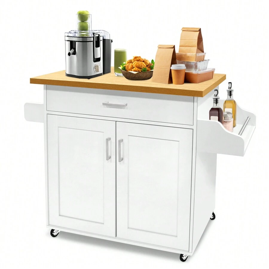 Froadp White Kitchen Trolley With Wheels And Worktop - Wooden Serving Cart With Towel Rack And Spice Board - Mobile Kitchen Cabinets - 115 X 90 X 36 Cm - White - View 1