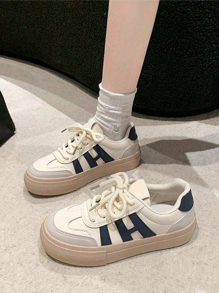 White And Camel Color Block Sneakers, Lace Up, Round Toe, Thick Sole, Comfortable, Breathable, Casual Shoes, Suitable For Party, Daily Wear, Vacation And Birthday Gifts For Women - 藍色 - 查看 3