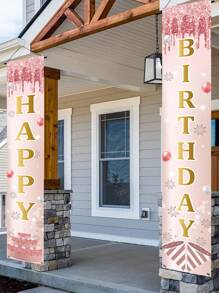 2件/套 30*180厘米 玫瑰金生日主题涤纶窗帘，印有“生日快乐”字样，生日派对房间装饰背景，室内/室外门装饰横幅，圣诞节 - 玫瑰金 - 查看 3