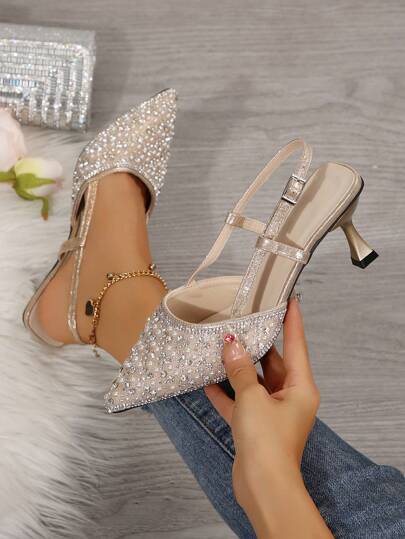 New Spring/Autumn Korean Style Minimalist Crystal & Faux Pearl Pointed Toe High Heel Mules, Crystal Women Stilettos Suitable For Business, Commute, Banquet, Kitten Heels, Elegant, Women Pumps, Elegant, Party Outfits