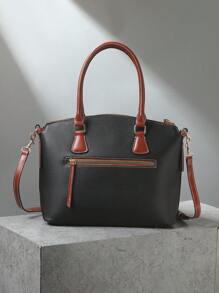 Refined Top Handle Zipper Satchel, Fashion-Forward Womens Textured PU Leather Bag For Everyday Style,Timeless Vintage Western Handbag - Eye-Catching Colorblock Design - 黑色 - 查看 5