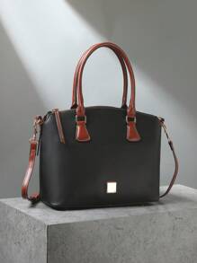 Refined Top Handle Zipper Satchel, Fashion-Forward Womens Textured PU Leather Bag For Everyday Style,Timeless Vintage Western Handbag - Eye-Catching Colorblock Design - 黑色 - 查看 3