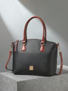 Refined Top Handle Zipper Satchel, Fashion-Forward Womens Textured PU Leather Bag For Everyday Style,Timeless Vintage Western Handbag - Eye-Catching Colorblock Design - 黑色 - 查看 2