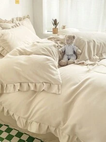 Cirelle 3 件奶油色荷叶边柔软舒适拉绒羽绒被套套装（1 个羽绒被套 + 2 个枕套），适用于卧室、客房，可机洗，四季皆宜
