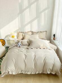 Cirelle 3 件奶油色荷叶边柔软舒适拉绒羽绒被套套装（1 个羽绒被套 + 2 个枕套），适用于卧室、客房，可机洗，四季皆宜