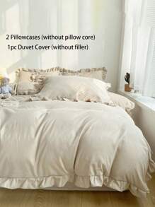Cirelle 3 件奶油色荷叶边柔软舒适拉绒羽绒被套套装（1 个羽绒被套 + 2 个枕套），适用于卧室、客房，可机洗，四季皆宜
