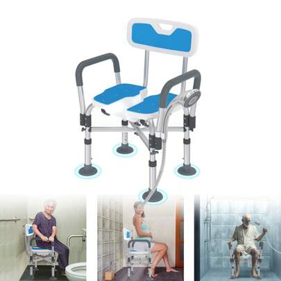 VA-Cerulean Shower Chair With Removable Backrest And Armrests, Shower Stool For Seniors, Height Adjustable Bath Stool, Shower Seat, Non-Slip Bath Chair, Up To 200 Kg