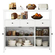 Furchen Aparador Cocina, Aparador Salon, Aparador Entrada, Mueble Cocina, Mueble Cocina Almacenaje, para Comedor, Salón, Cocina con 3 cajones y 3 puertas, estantes regulables, blanco, 108 x 38 x 98,5 cm