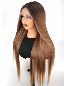 渐变棕色直发假发合成蕾丝前假发，13x4*1 T 部分合成蕾丝假发预拔长直发假发，适合女士 30 英寸顺滑直发假发深根棕色混合假发，适合初学者 - 漸層棕色 - 查看 3