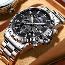 Đồng hồ đeo tay đa chức năng thời trang cao cấp dành cho nam có chức năng hiển thị ngày-ngày-tuần trăng, dây đeo bằng thép không gỉ chắc chắn, khóa bướm, phong cách thể thao - màu đen - Xem 3