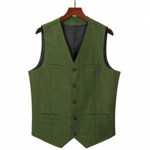 Mens Herringbone Tweed Suit Vest Four Pockets Retro Tweedy Wool Waistcoat - màu xanh lá - Xem 5