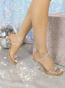 Women's Fashion Gold Rhinestone Bow Decor Transparent Versatile Party Chunky Heel Ankle Strap Sandal, Suitable For Summer Charming Versatile Party Chunky Heel Sandal - Gold - View 3
