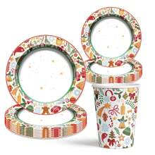 60 件/套圣诞主题一次性派对餐具套装，包括圣诞快乐一次性纸杯、饮水杯/咖啡杯、9 英寸/7 英寸一次性纸盘和甜点盘，圣诞快乐促销 - 彩色 - 查看 3