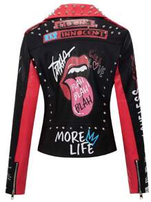 Faux Women's Leather Jacket  Studded Studded  Floral Motorcycle Biker Coat - 黑色 - 查看 2