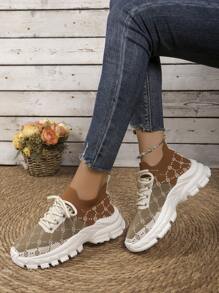 New Ladies Breathable Retro Floral Lightweight Lace-Up Road Running Shoes - Black - View 5