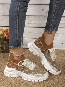 New Ladies Breathable Retro Floral Lightweight Lace-Up Road Running Shoes - Black - View 2