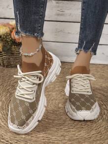 New Ladies Breathable Retro Floral Lightweight Lace-Up Road Running Shoes - Black - View 3