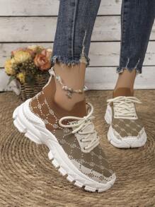 New Ladies Breathable Retro Floral Lightweight Lace-Up Road Running Shoes - Black - View 4