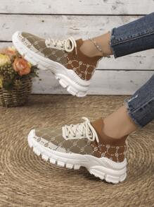 New Ladies Breathable Retro Floral Lightweight Lace-Up Road Running Shoes - Black - View 1