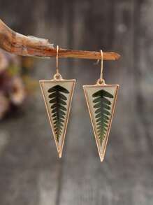 Transparent Triangle Green Leaf Pattern Pendant Earrings, Vintage Minimalist Style Alloy Jewelry, Holiday Earrings - Multicolor - View 8