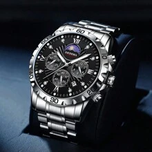 Đồng hồ đeo tay đa chức năng thời trang cao cấp dành cho nam có chức năng hiển thị ngày-ngày-tuần trăng, dây đeo bằng thép không gỉ chắc chắn, khóa bướm, phong cách thể thao - màu đen - Xem 8