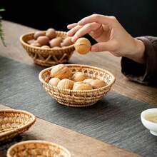 1pc 5.9/11 Inch Rattan Woven Hollow Snack Basket,  Round Storage Bowl, Home Decor Fruit Plate