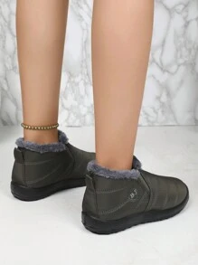 男女通用冬季雪地靴，绿色踝靴，带毛绒衬里，弹性一脚蹬设计，轻便，柔软，舒适，防滑，低帮休闲鞋，男女皆宜，尺码大一码 - 綠色 - 查看 5