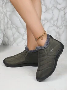 男女通用冬季雪地靴，绿色踝靴，带毛绒衬里，弹性一脚蹬设计，轻便，柔软，舒适，防滑，低帮休闲鞋，男女皆宜，尺码大一码 - 綠色 - 查看 4