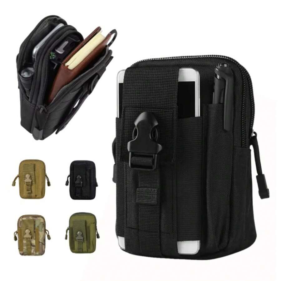 小型战术军用腰包多用途手机支架实用腰包 9366 适用于旅行收纳袋、化妆包、化妆包、度假收纳包、大容量化妆品收纳化妆盒，可装口红、刷子、护肤品、手机、硬币、小物品，适用于家庭、礼物、度假和节日万圣节圣诞节多功能用途 - 黑色 - 查看 1